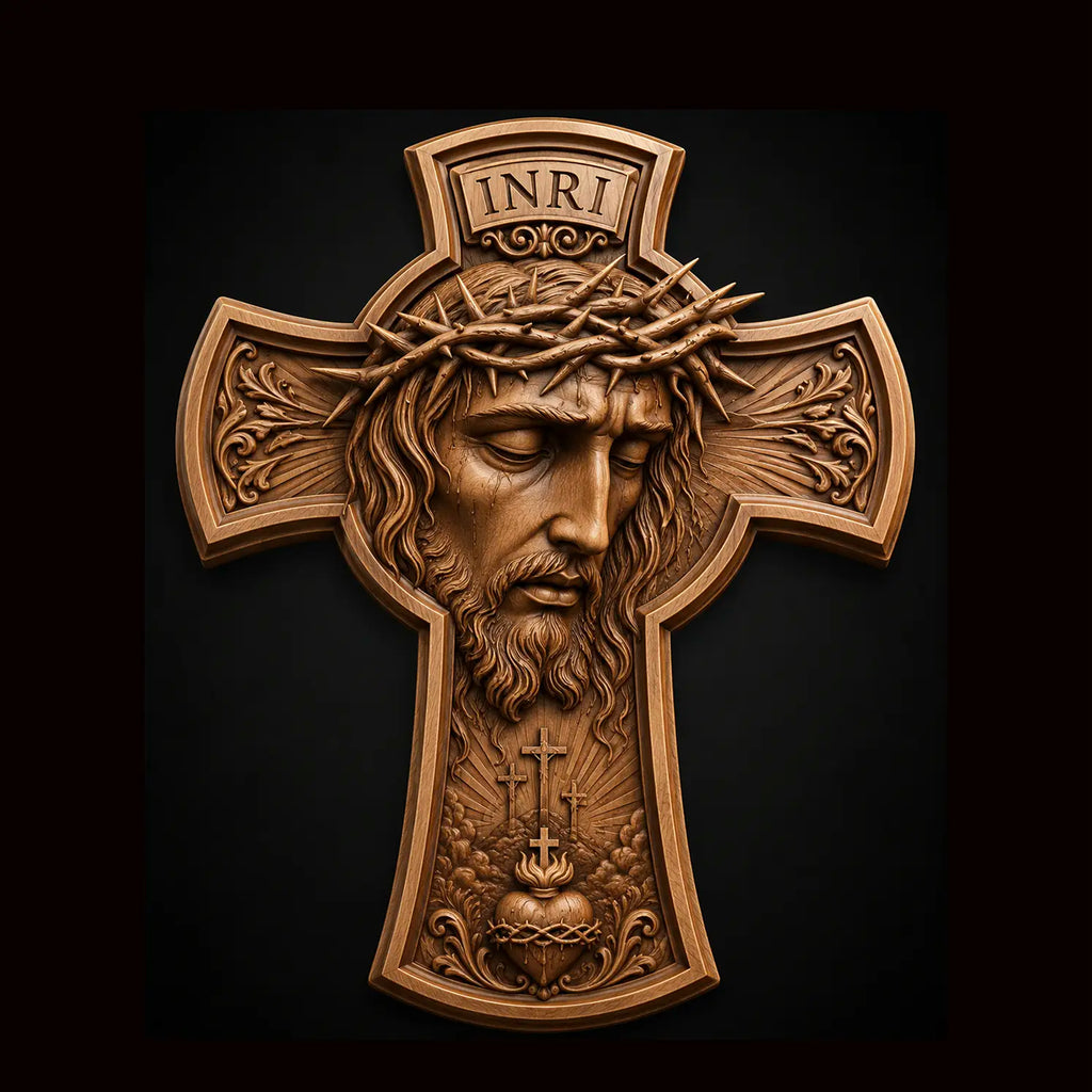 Jesus Portrait Crucifix Cross 3D STL Model - Relief Pendant File for CNC & 3D Printing