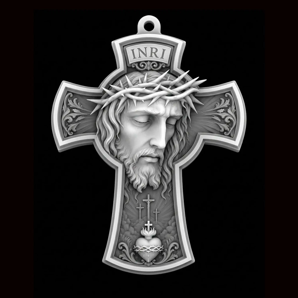 Jesus Portrait Crucifix Cross 3D STL Model - Relief Pendant File for CNC & 3D Printing