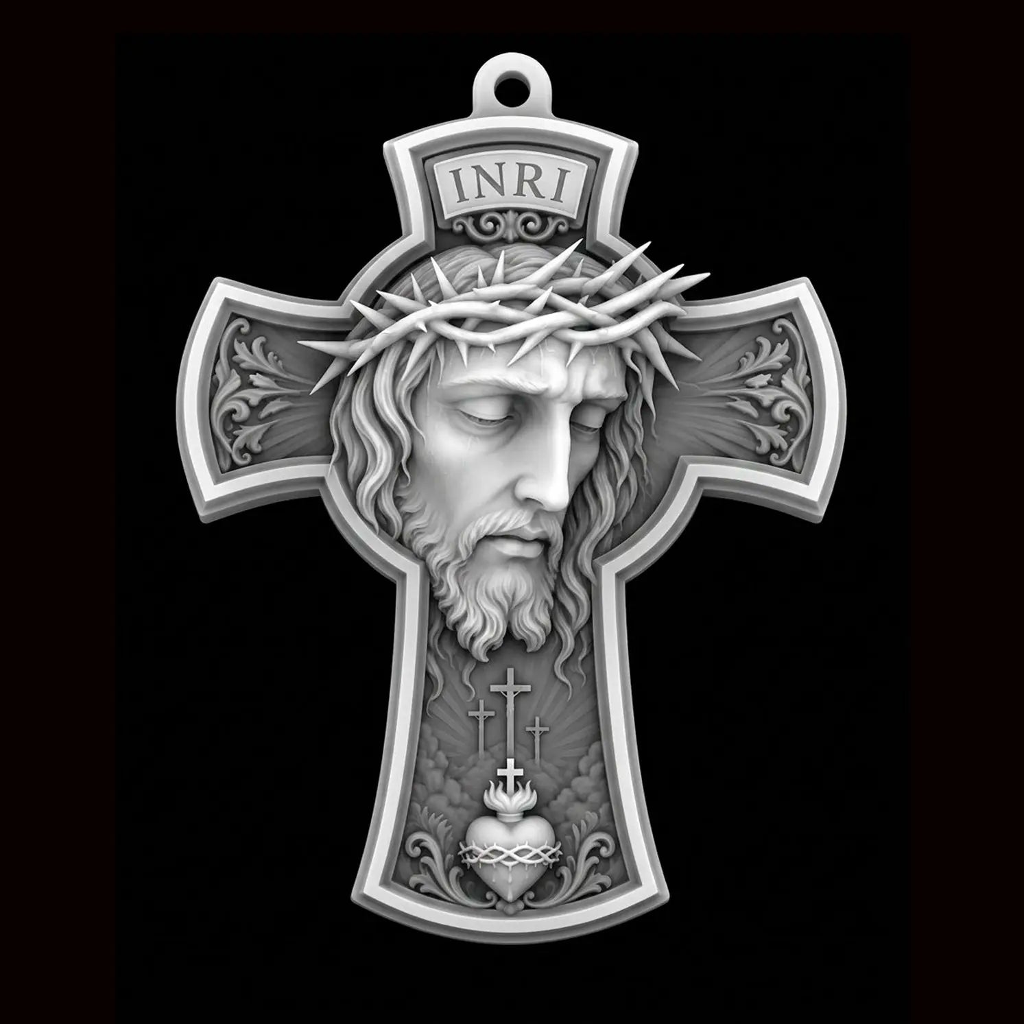 Jesus Portrait Crucifix Cross 3D STL Model - Relief Pendant File for CNC & 3D Printing